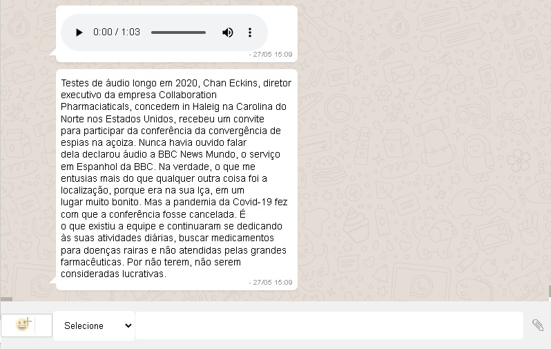 WhatsApp com conversão de áudio para Texto na interface do Bot